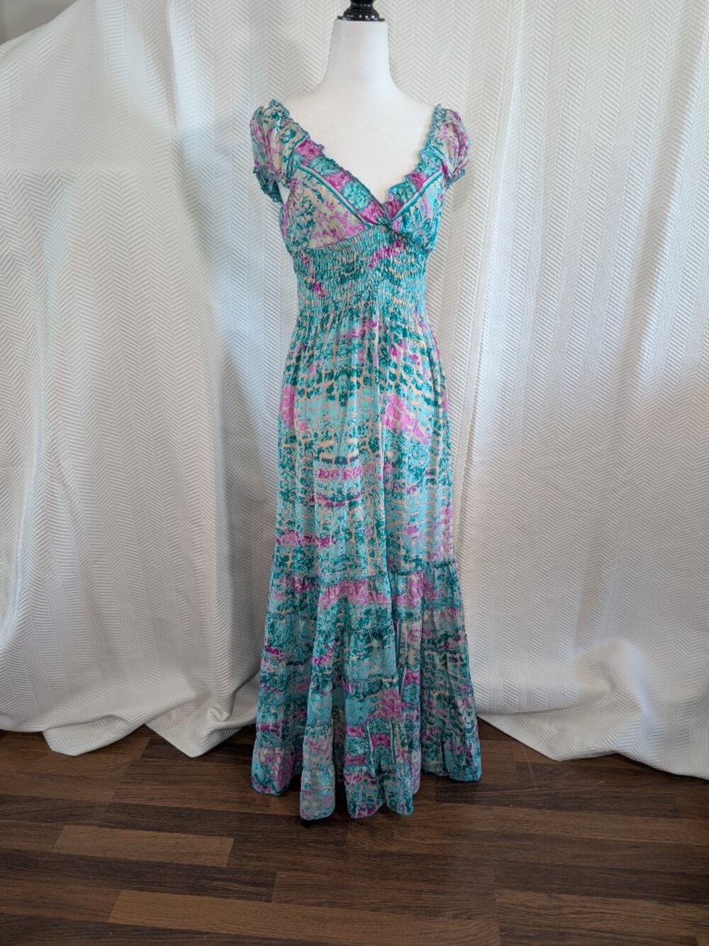 Boho Silk Blend Smocked Maxi Dress Tiered Skirt Size Small Feminine Artsy
